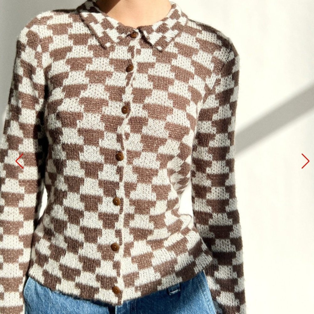Lisa Says Gah Brown and Cream Checked Knit Cardigan